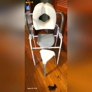 Portable toliet toliet seat with rails and shower seat